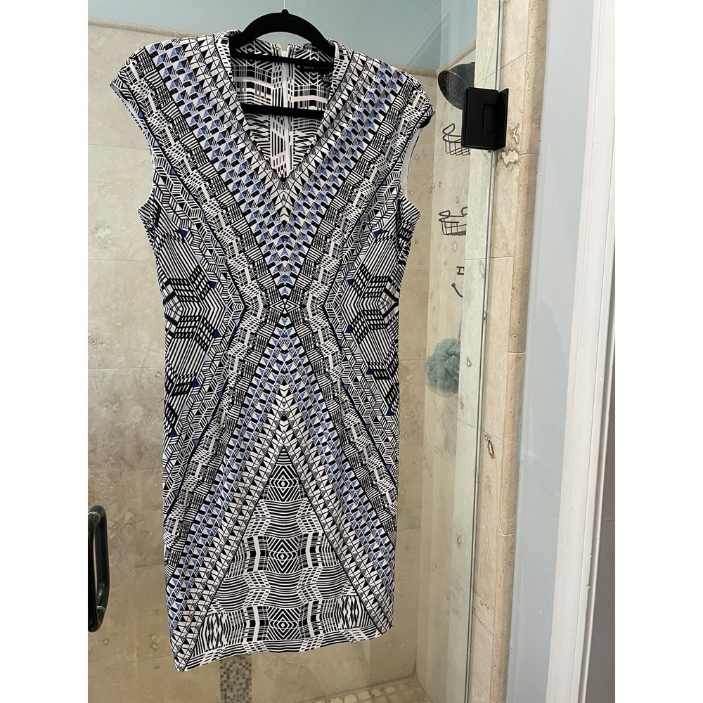 White House Black Market Blue Geo Print Slimming Bodycon Dress 8